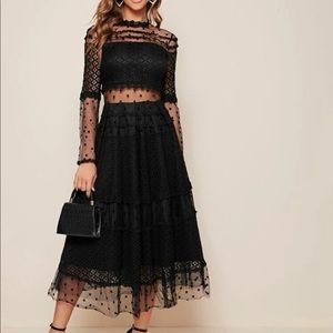 Black lace and mesh overlay midi dress